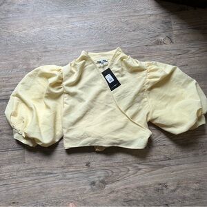 NWT Fashion Nova Davina Yellow Cropped Adaptable Wrap Top Puffed Sleeve